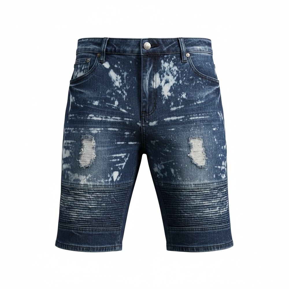 Blue Cult Denim Mens 36 Moto Biker Shorts Acid Wash Distressed‎ Blue White Jean
